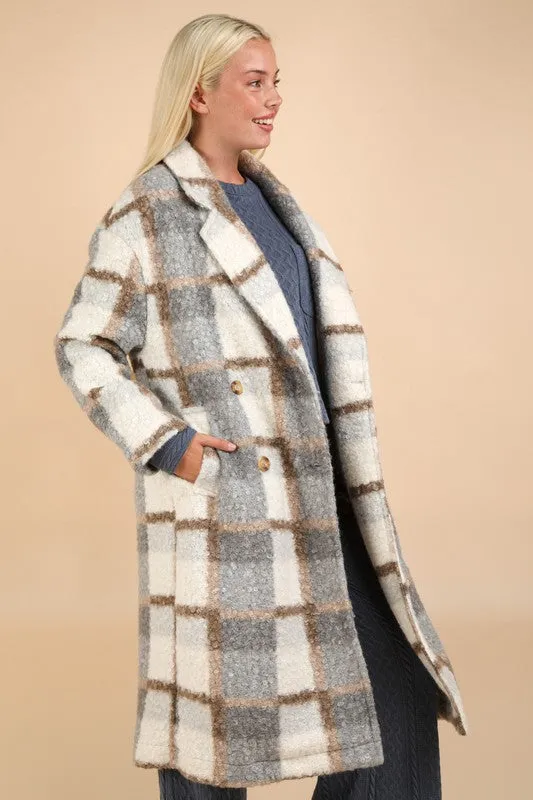 Gray Mix Oversized Plaid Soft Fuzzy Button Down Long Coat