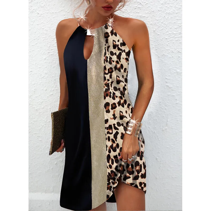 JuliaFashion - 2024 Sexy Leopard Print Sleeveless Backless Halter Patchwork Dress