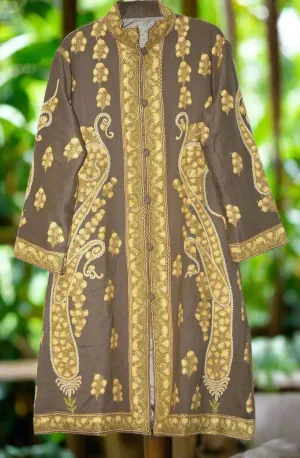 Kashmiri Woolen Coat Beige, Multicolor Embroidery #AO-158