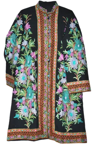 Kashmiri Woolen Coat Black, Multicolor Embroidery #AO-1612