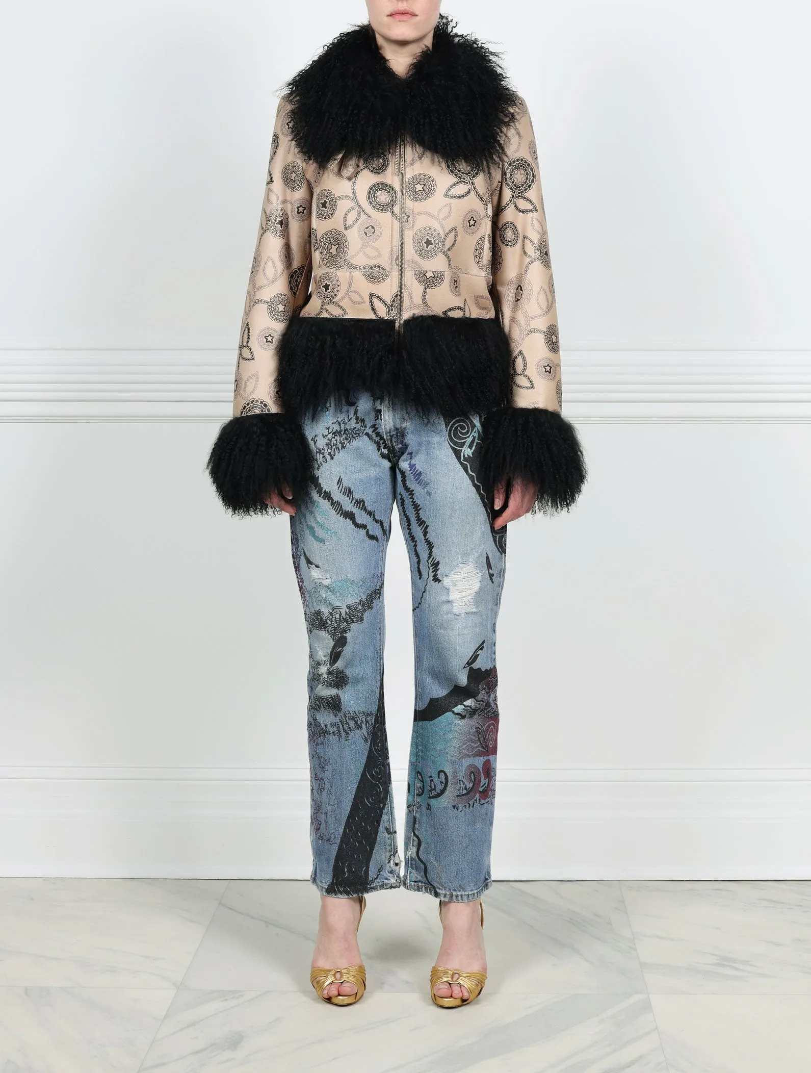 Knitted Flower Printed Shearling Jacket with Curly Lamb Trim Designed by Zandra Rhodes