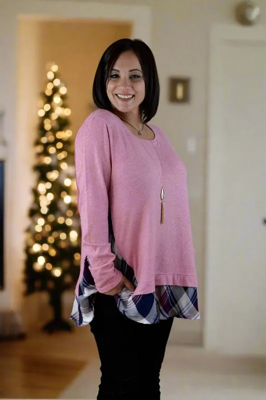 Kori Tunic Sweater w/ Plaid Contrast - Pink Bubble Gum