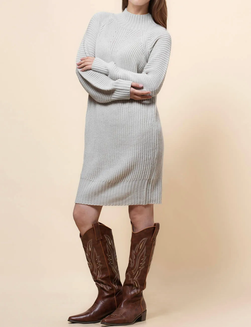 Ladies Solid Color Mock Neck Sweater Midi Dress SKD41007