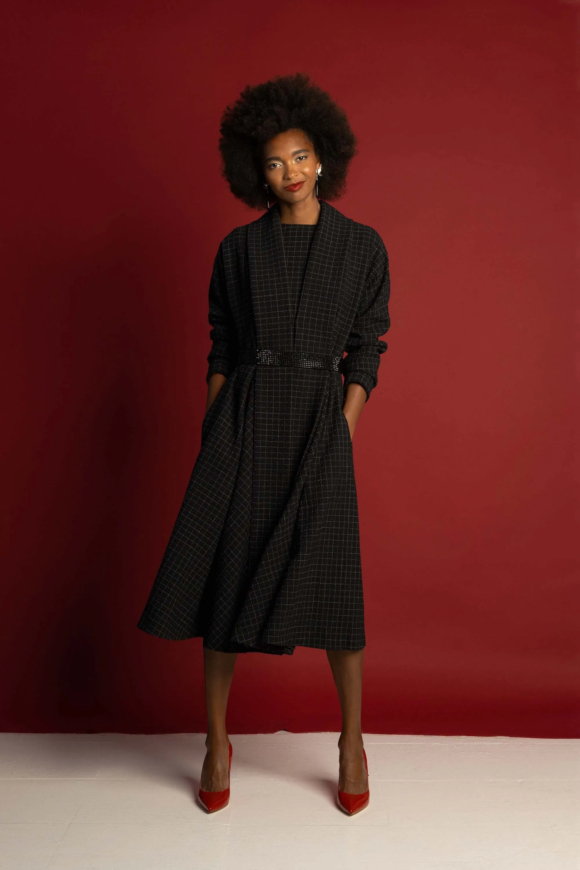 LINARIA BLACK PLAID WOOL SEERSUCKER KIMONO COAT DRESS