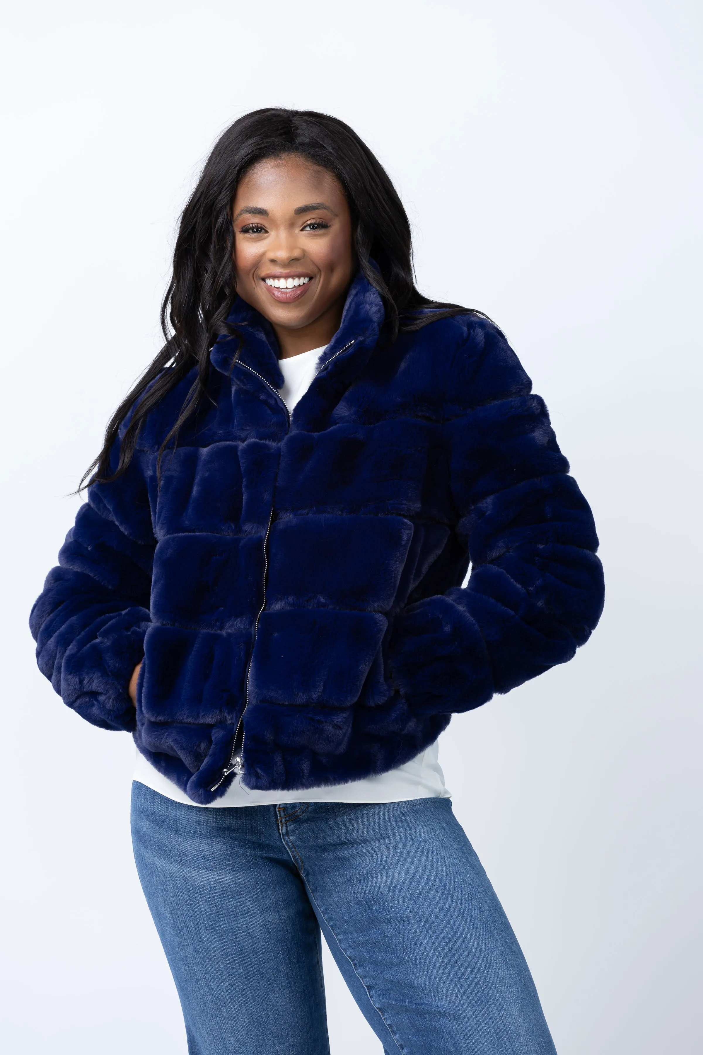 Love Token Alex Faux Fur Jacket in Indigo