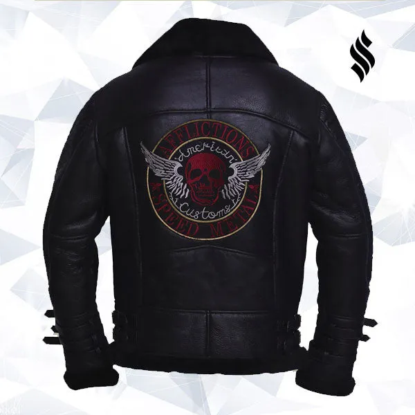 Men Black Biker Shearling Jacket