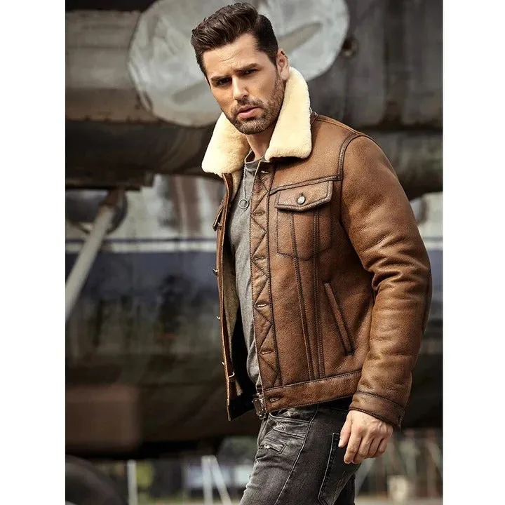 Men's Brown RAF B3 Trucker Shearling Leather Jacket