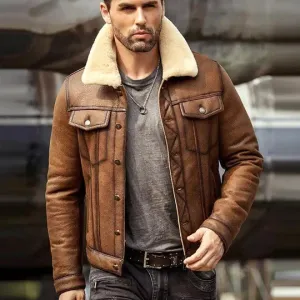 Men's Brown RAF B3 Trucker Shearling Leather Jacket