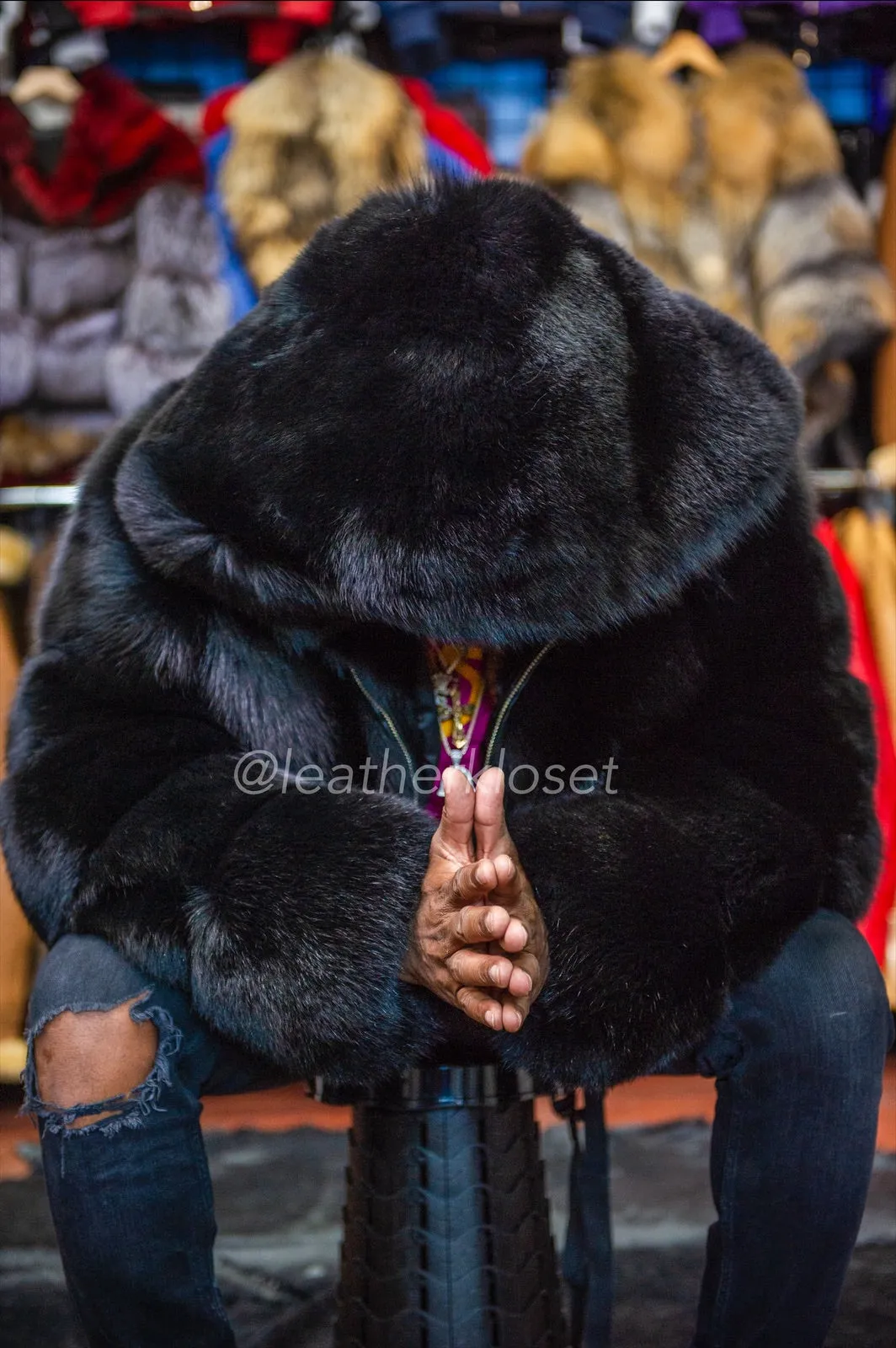 Men's Fox Fur Bomber Jacket [Black]