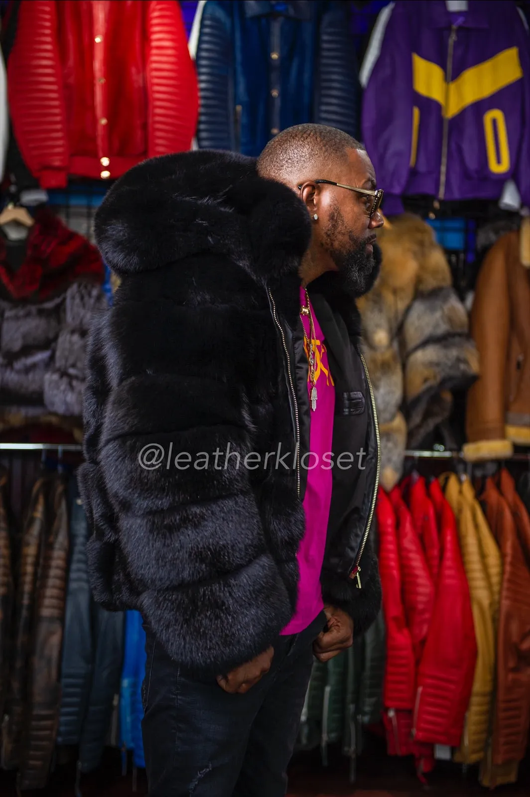 Men's Fox Fur Bomber Jacket [Black]