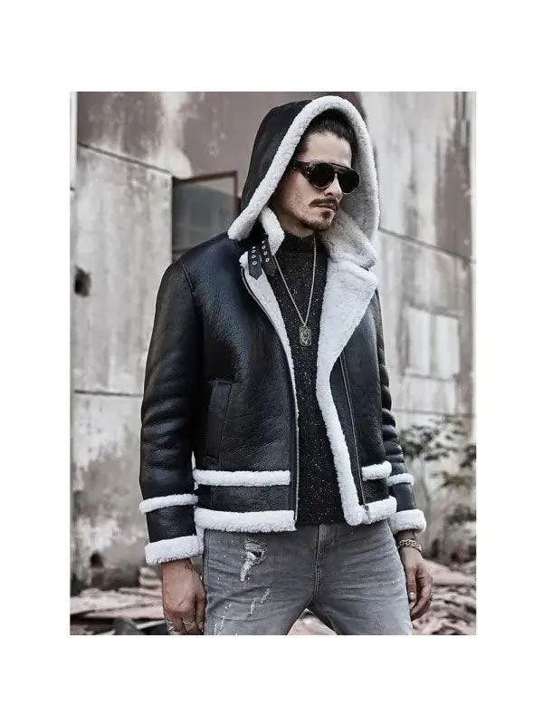 Men's Hooded Sheepskin Shearling Leather Jacket - Short Bomber Coat