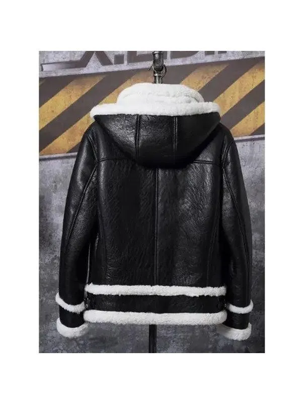 Men's Hooded Sheepskin Shearling Leather Jacket - Short Bomber Coat