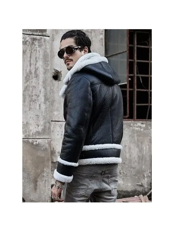 Men's Hooded Sheepskin Shearling Leather Jacket - Short Bomber Coat