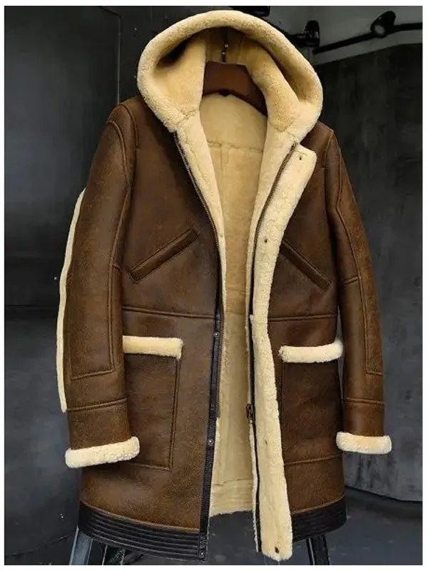 Mens Hooded Sheepskin Shearling Leather Jacket