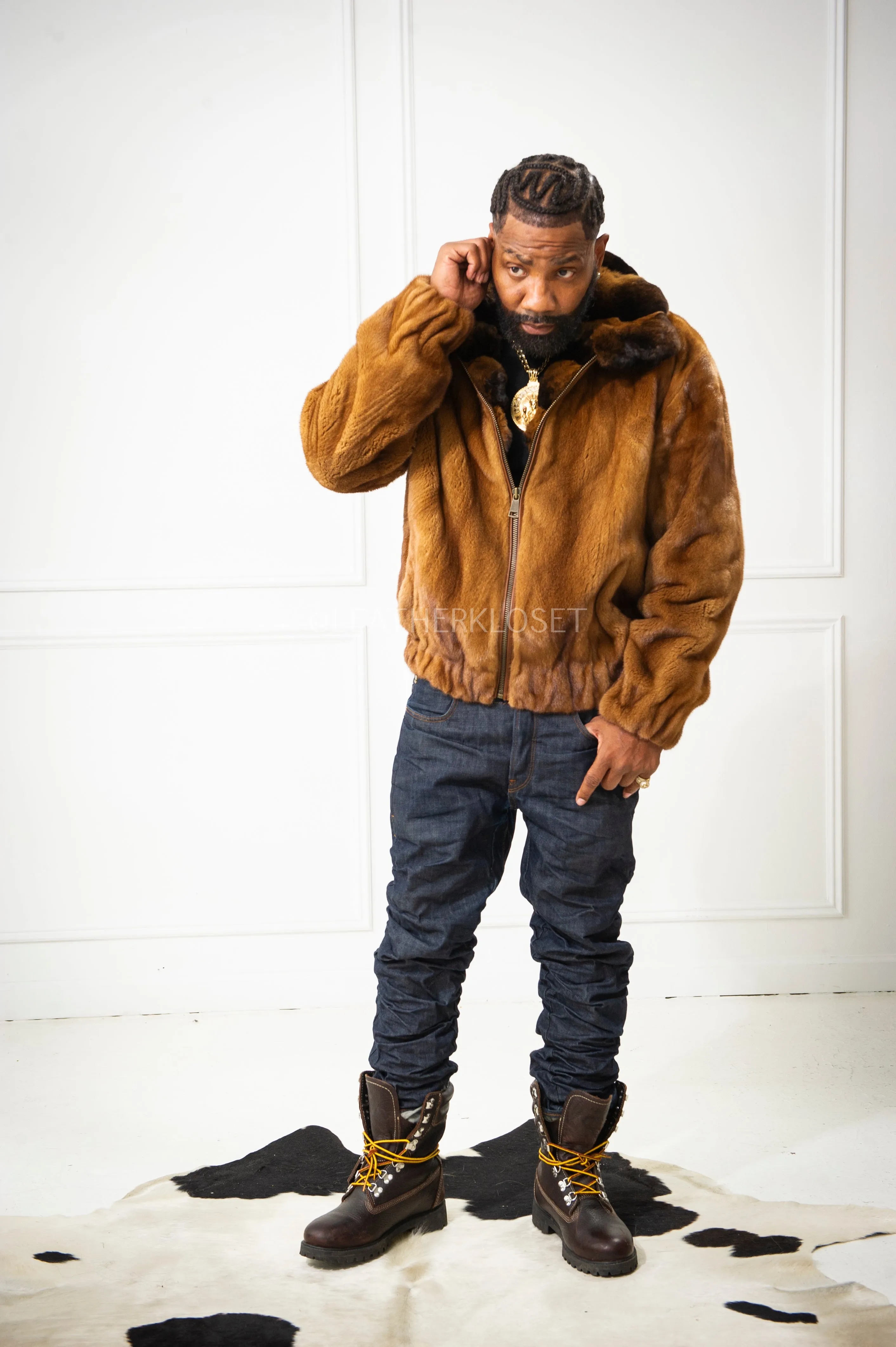 Men's Mink Bomber Jacket With Chinchilla Collar [Whiskey]