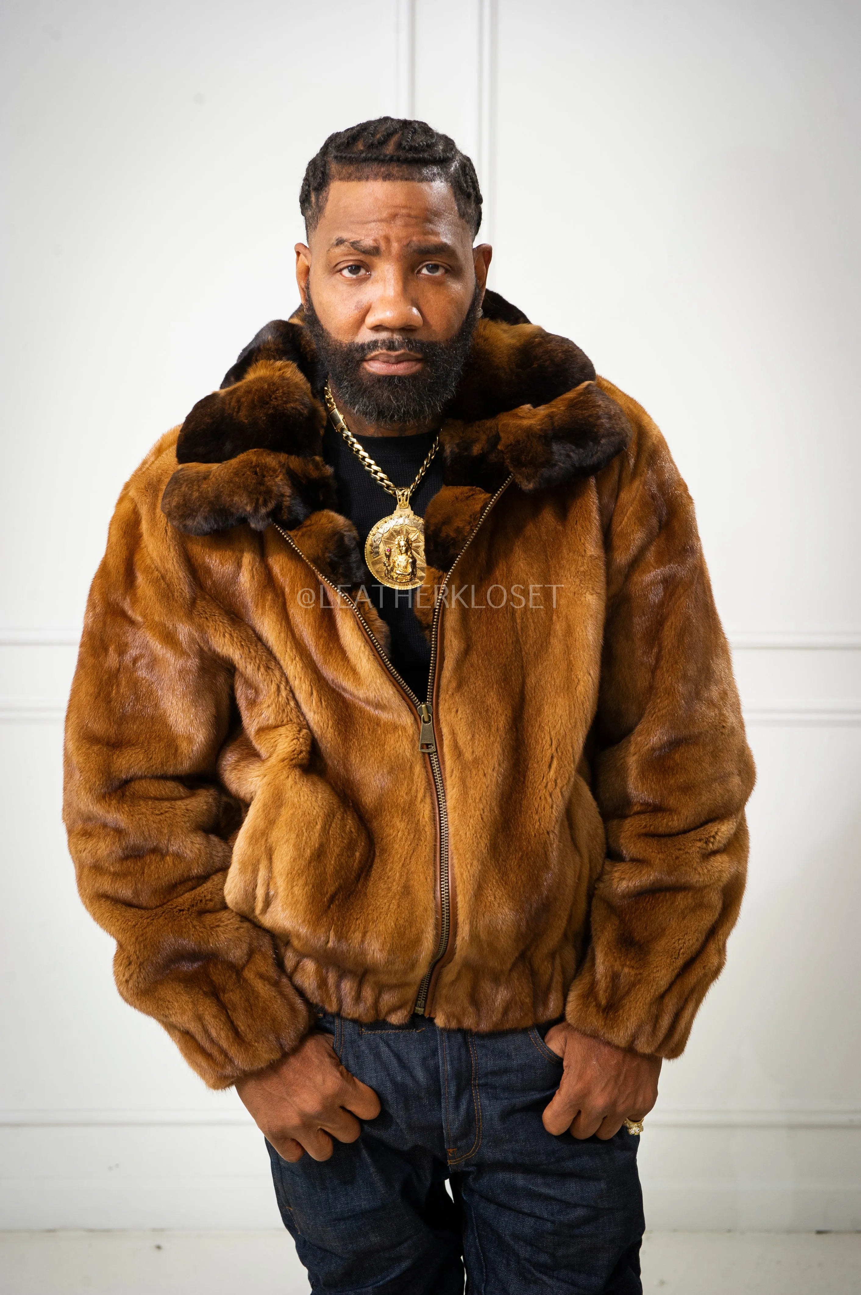 Men's Mink Bomber Jacket With Chinchilla Collar [Whiskey]