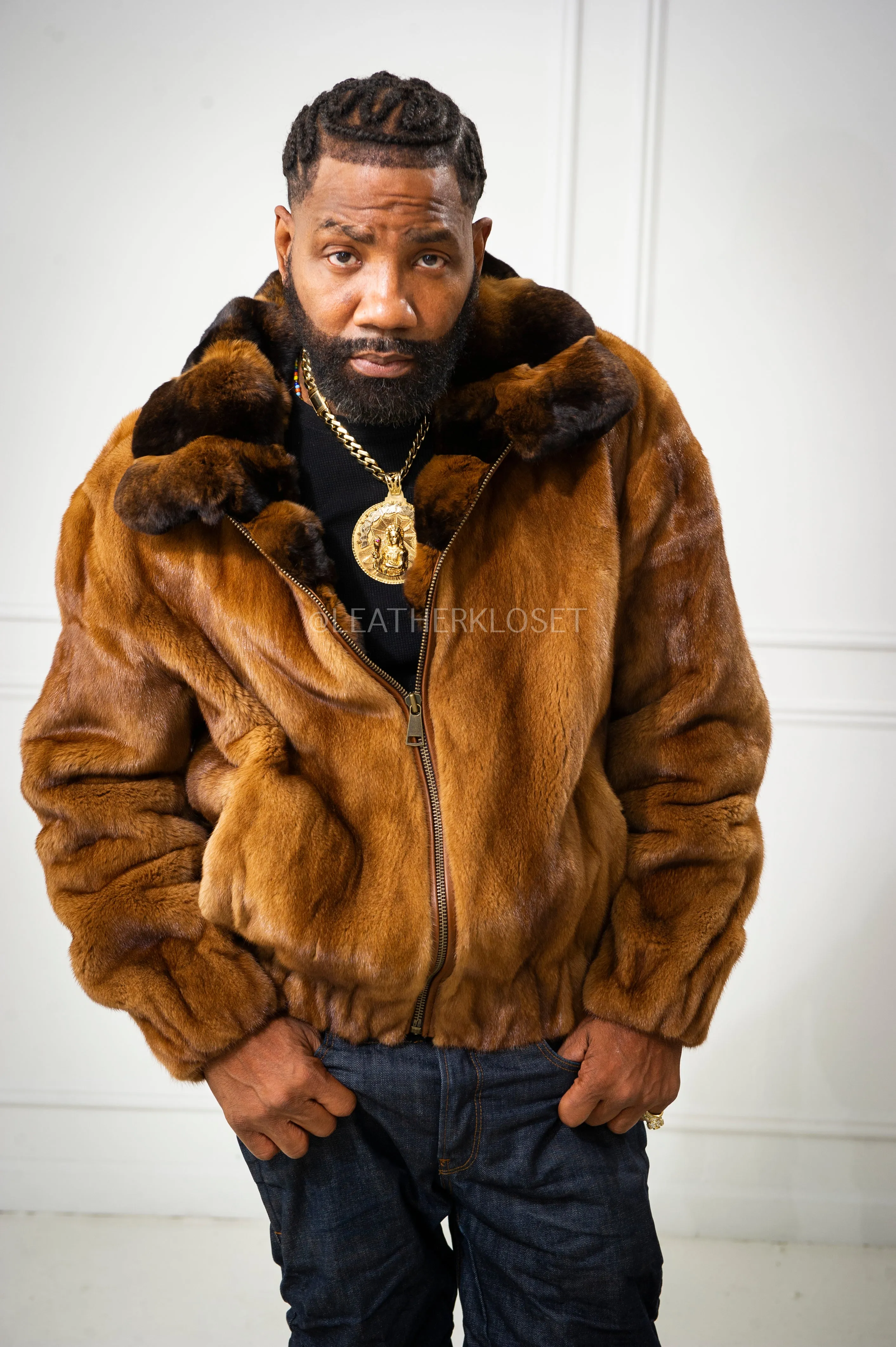 Men's Mink Bomber Jacket With Chinchilla Collar [Whiskey]