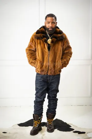 Men's Mink Bomber Jacket With Chinchilla Collar [Whiskey]