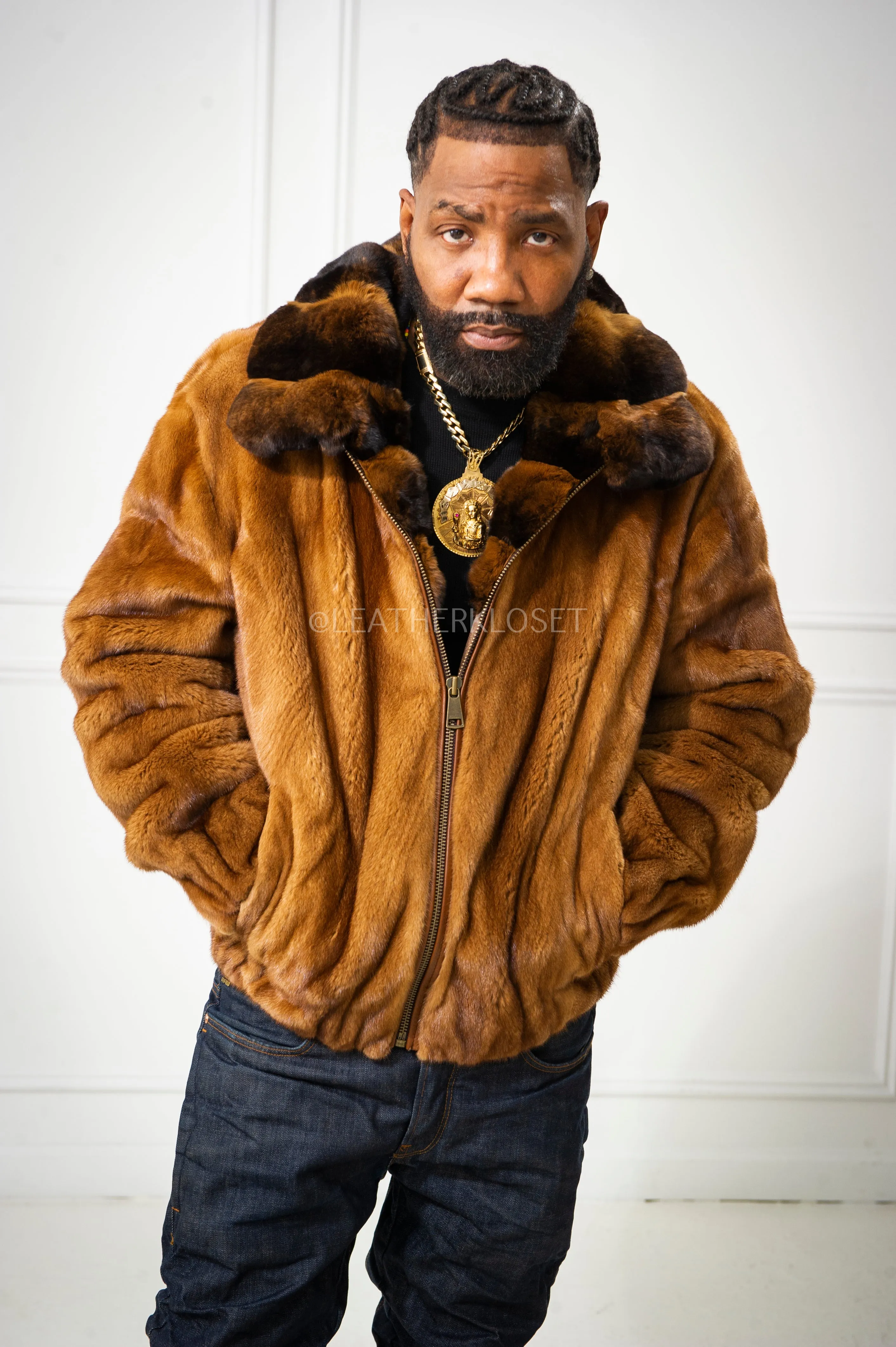 Men's Mink Bomber Jacket With Chinchilla Collar [Whiskey]