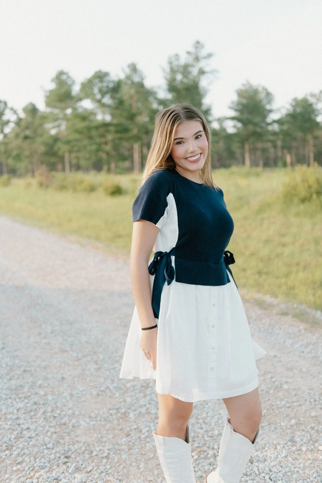 Navy Knit Detail Button Down Dress