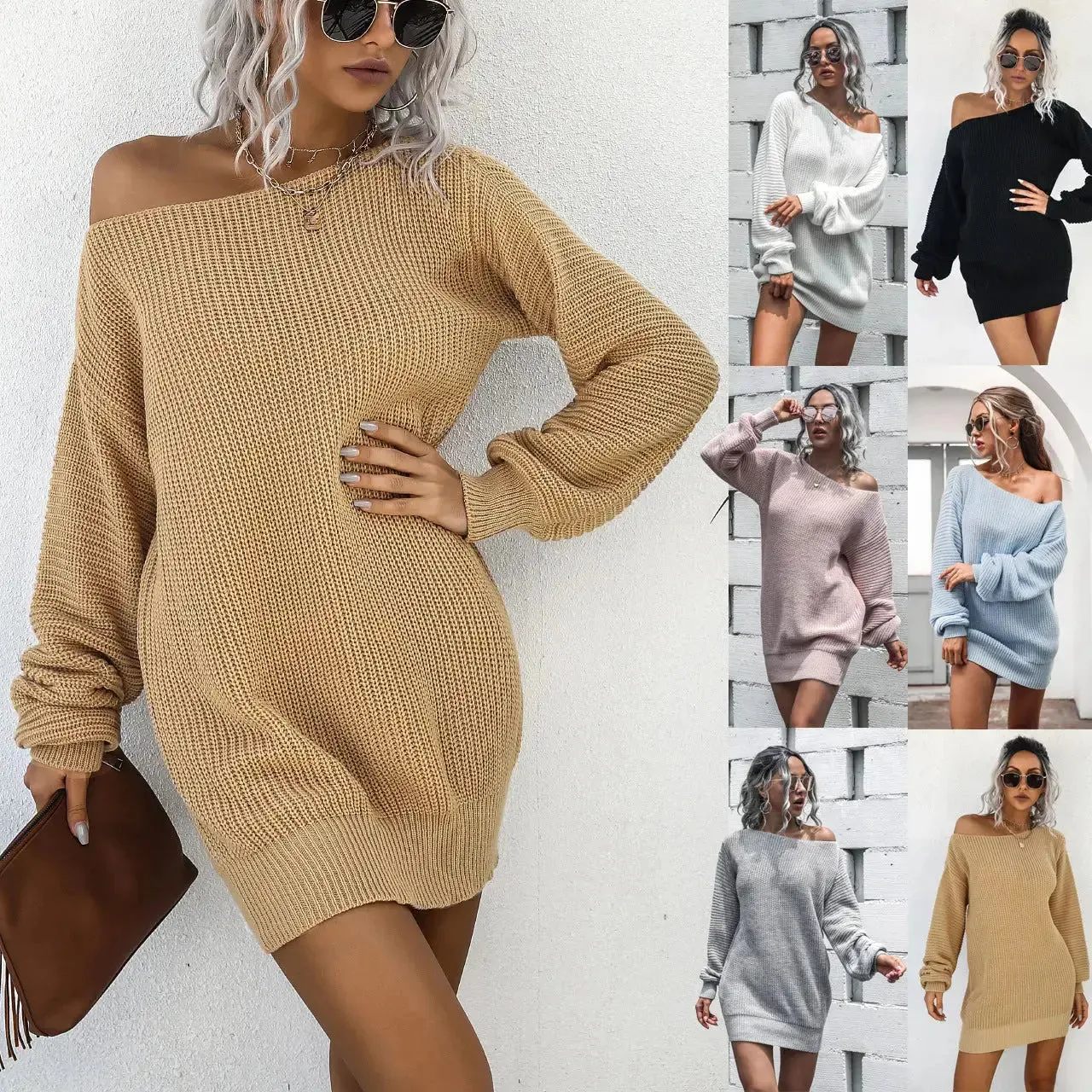 Off Shoulder Lantern Sleeve Knitted Sweater Dress