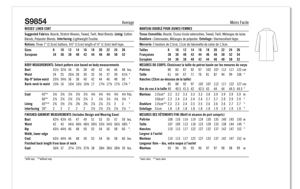 Pattern - Simplicity - S9854 - Misses’ Lined Coat for American Sewing Guild