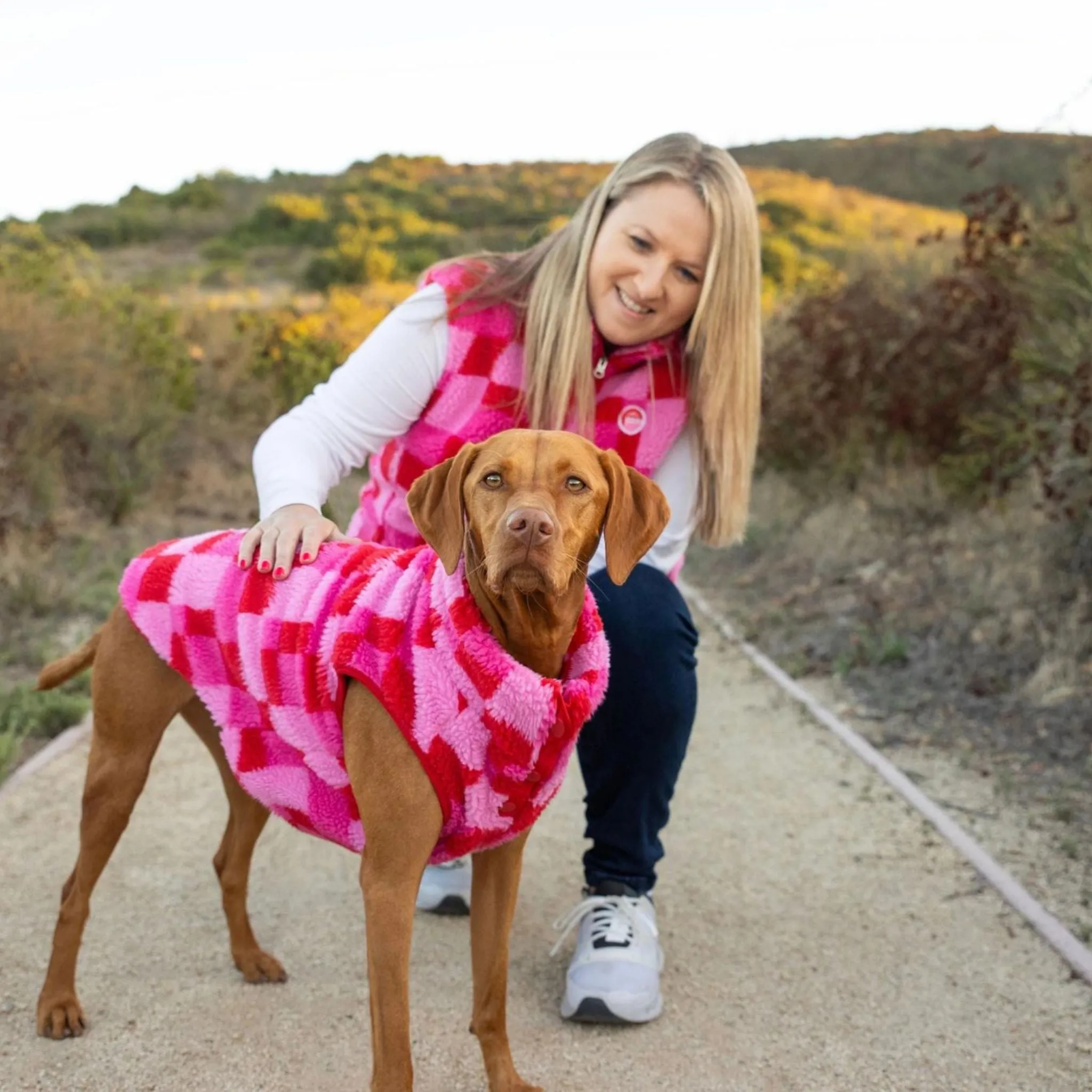 Pink Checkered Matching Dog Ski Vest For Dogs Sherpa