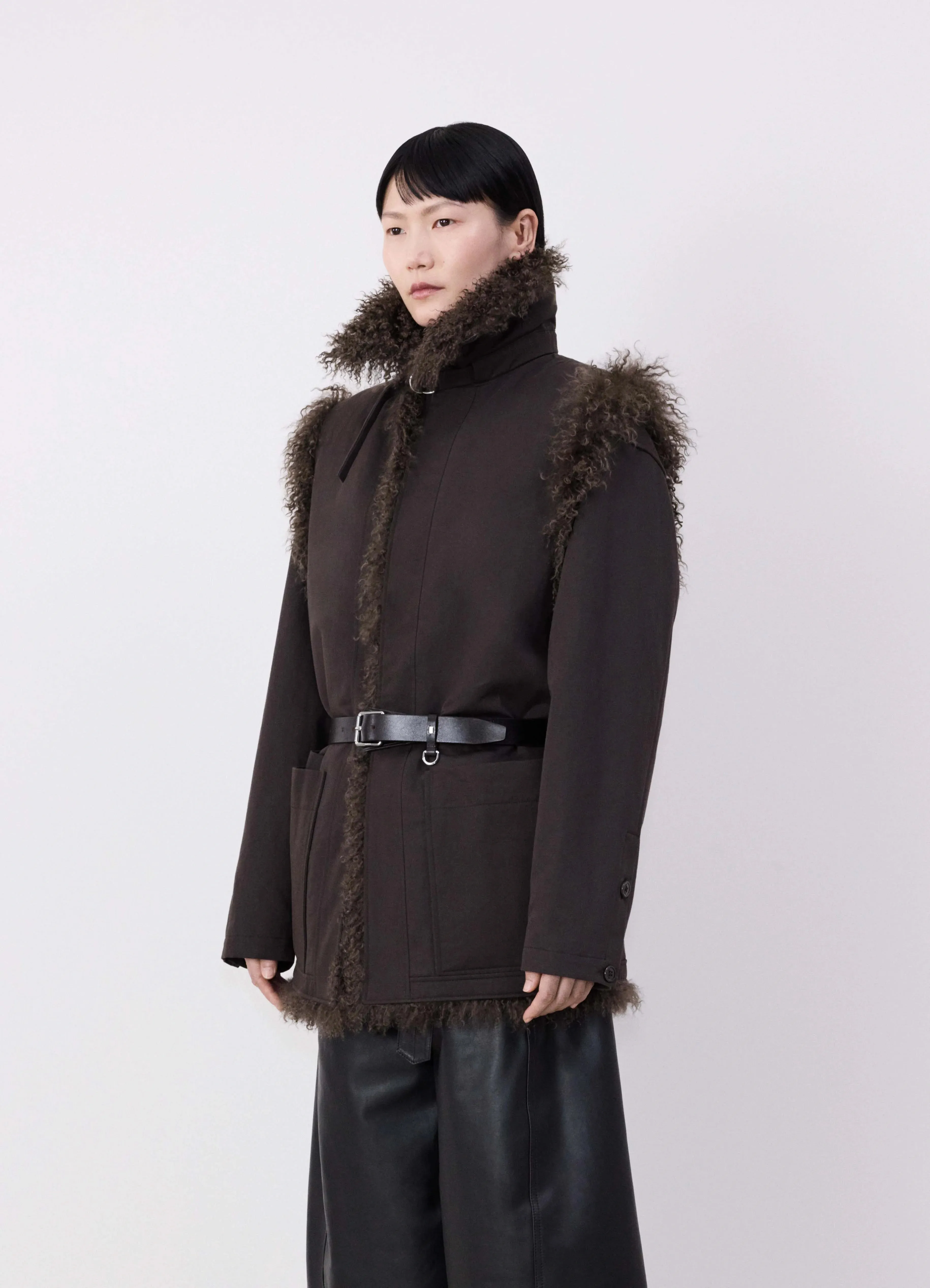 REVERSIBLE BELTED LONG SHEARLING GILET