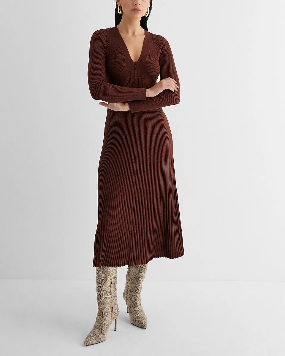 Ribbed V-Neck Long Sleeve Sweater Midi Dress in Rich Mocha