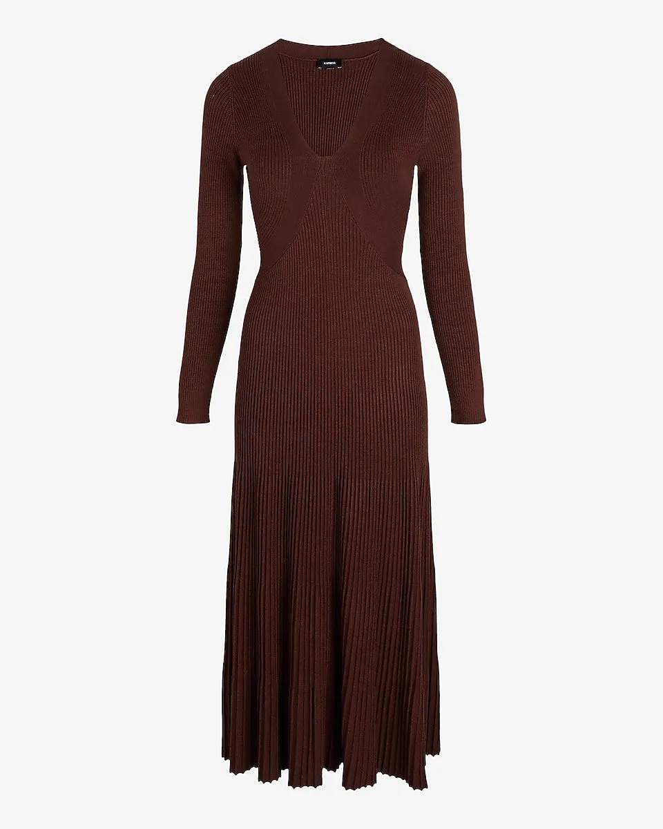 Ribbed V-Neck Long Sleeve Sweater Midi Dress in Rich Mocha