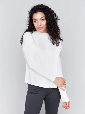 Satin Knit Top with Mock Neck - Ecru