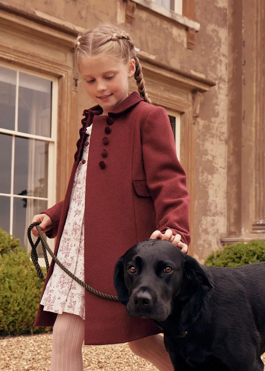 Single Breasted Scallop Detail Coat In Burgundy (12mths-10yrs)