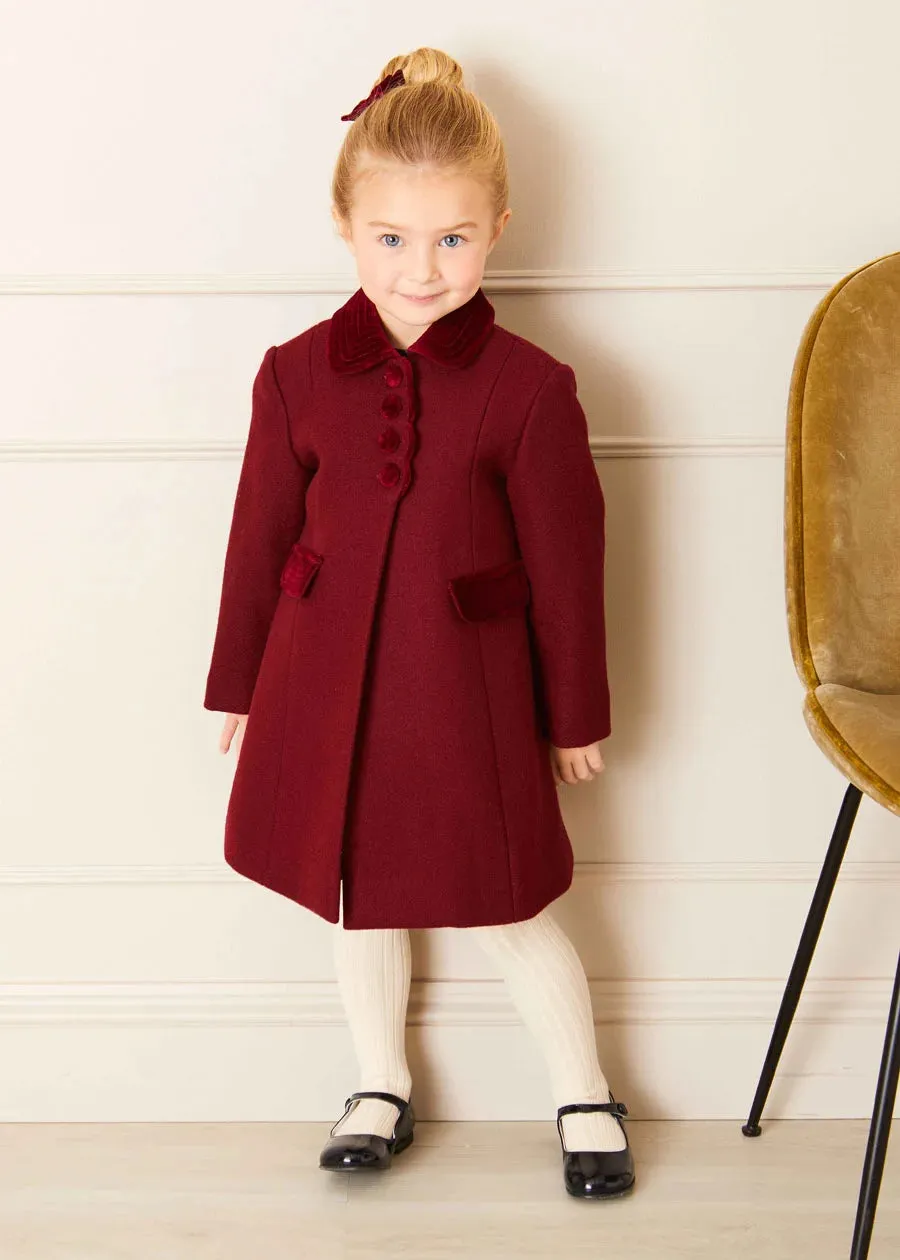 Single Breasted Scallop Detail Coat In Burgundy (12mths-10yrs)