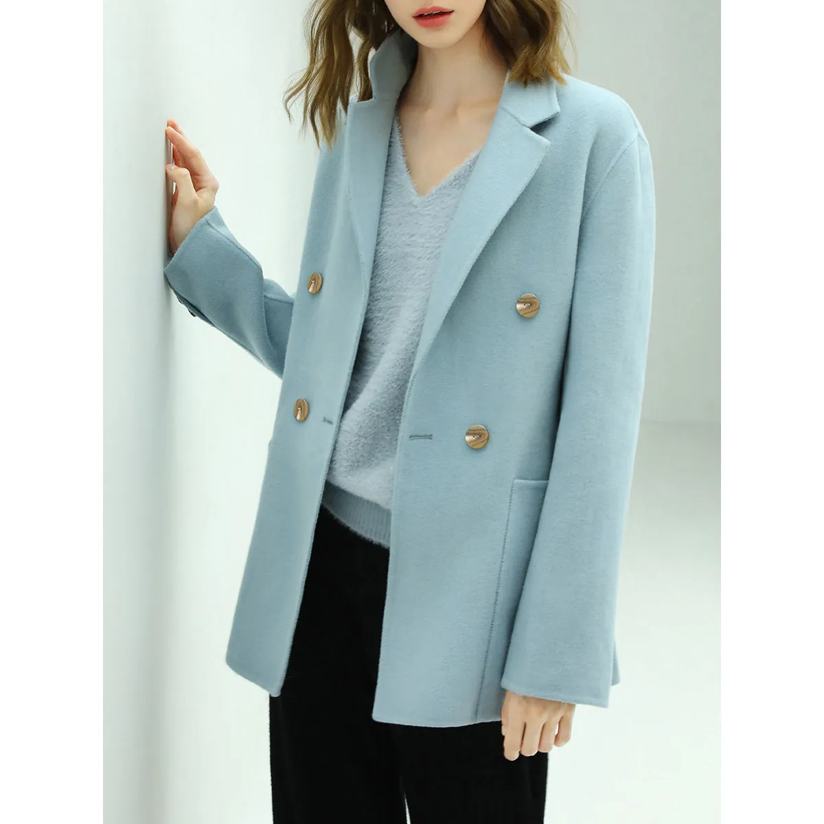 Tailored Powder Blue Double Breasted Wool Coat