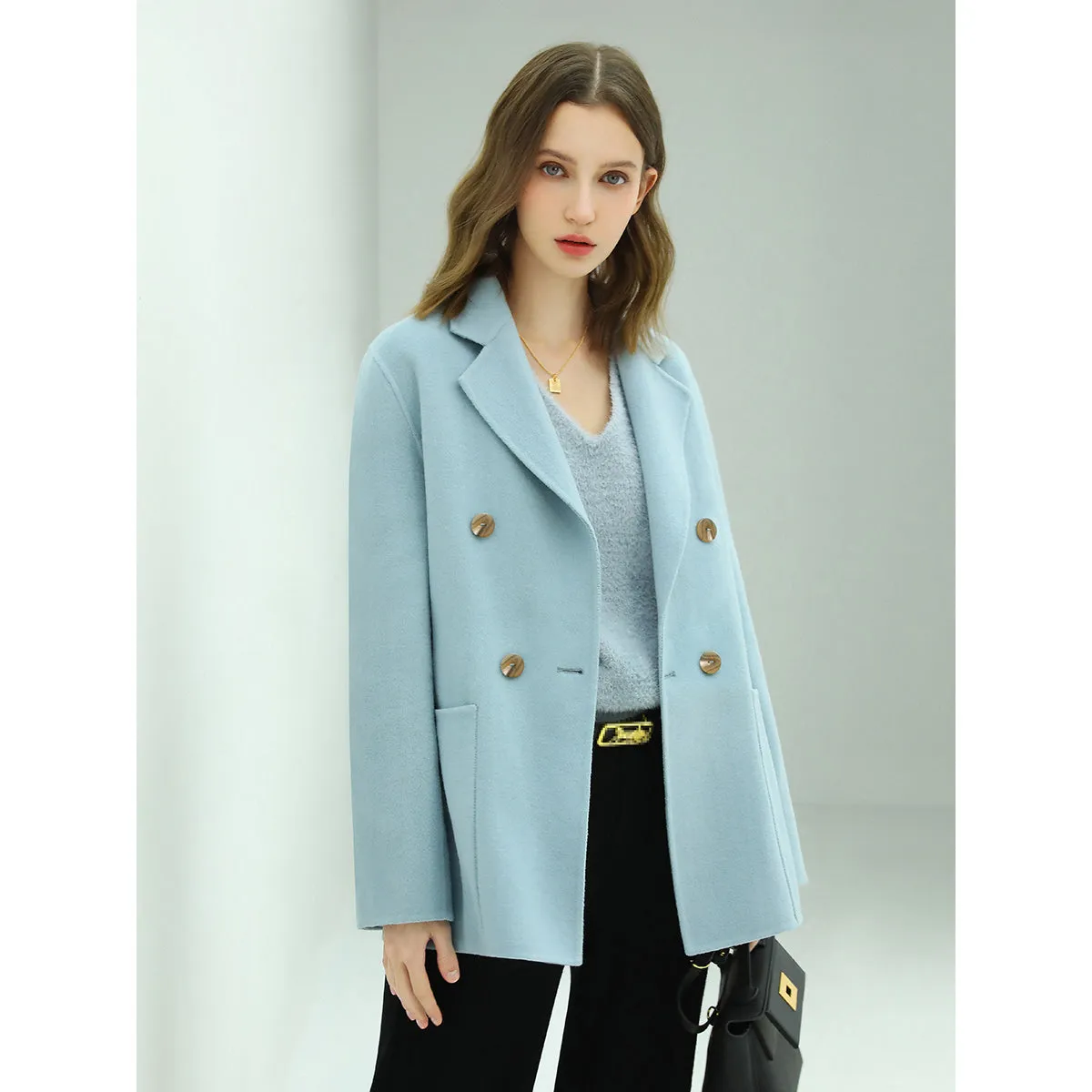 Tailored Powder Blue Double Breasted Wool Coat