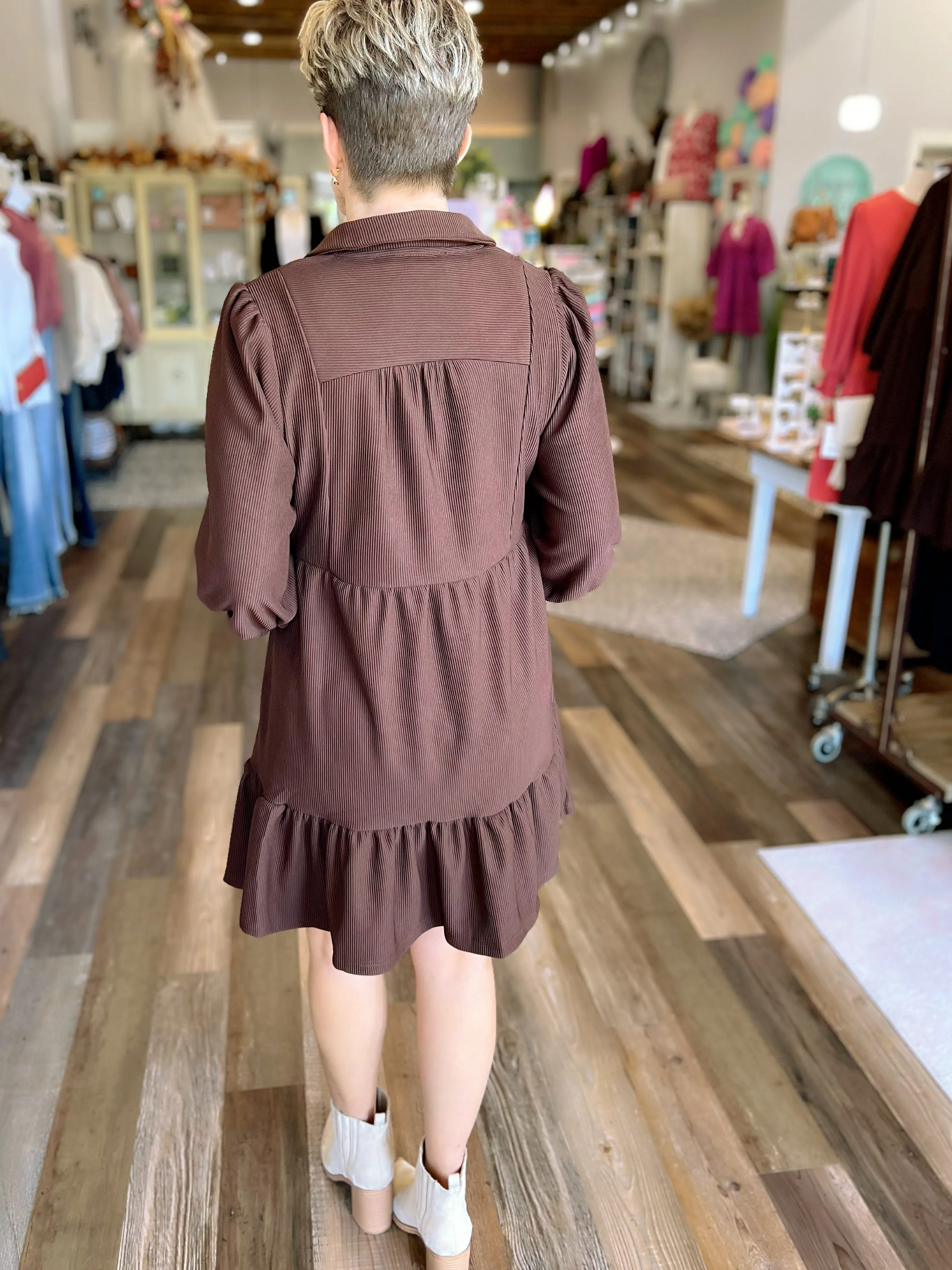 Tiered Ribbed Knit Dress in Brown