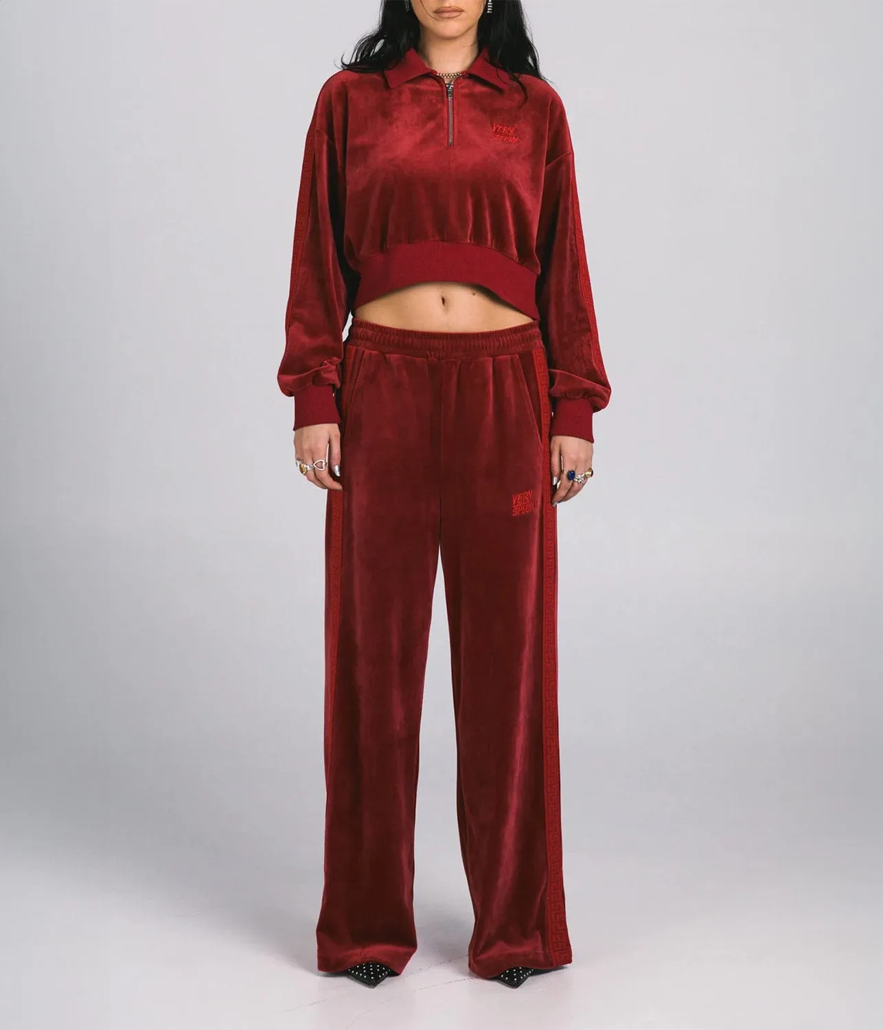 VELOUR ZIP CROP JACKET- RED