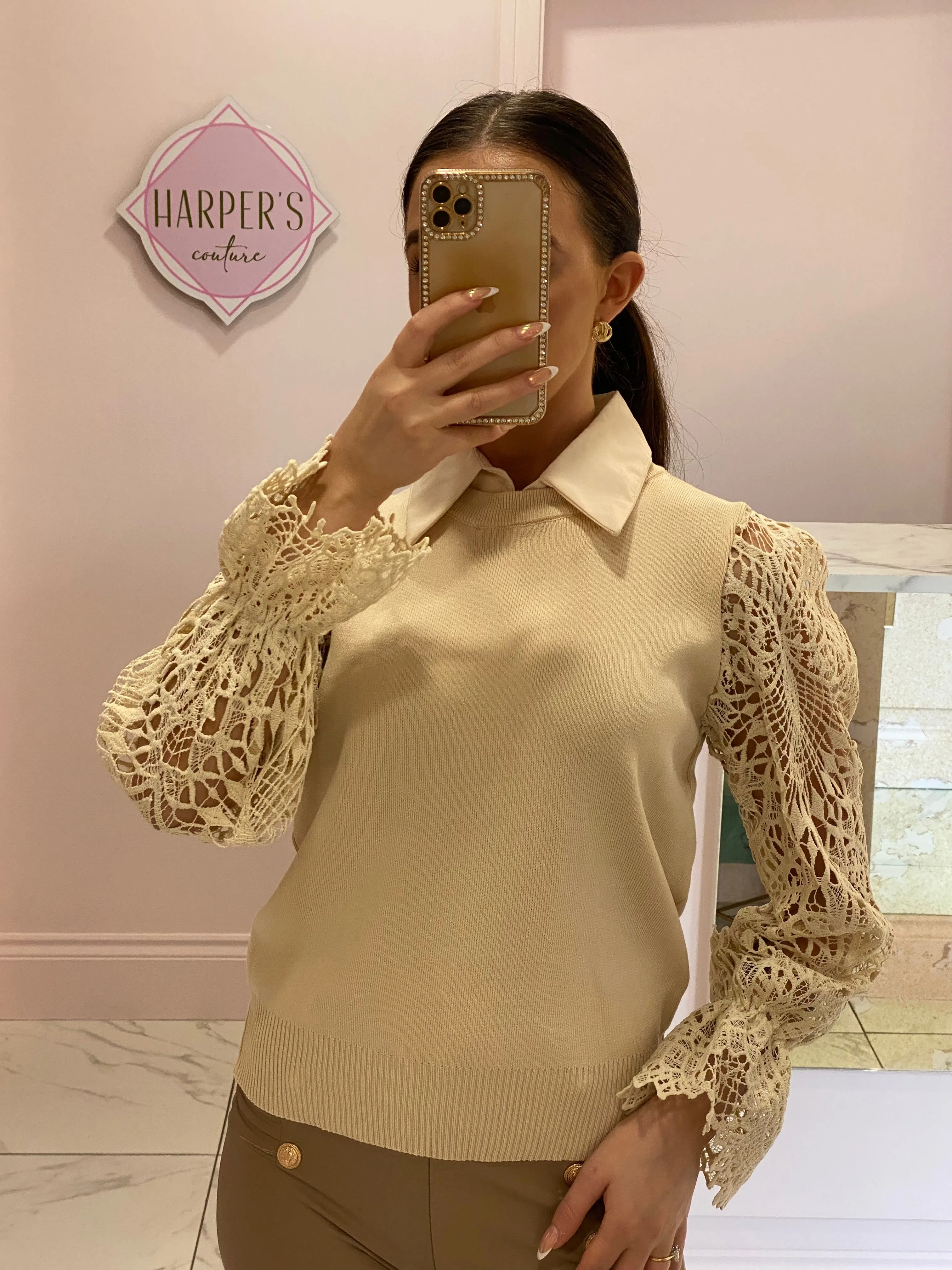 Victoria Lace Sleeve Knit Jumper With Detachable Collar