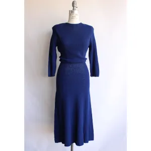 Vintage 1940s Navy Blue Sweater Dress with Shoulder Pads