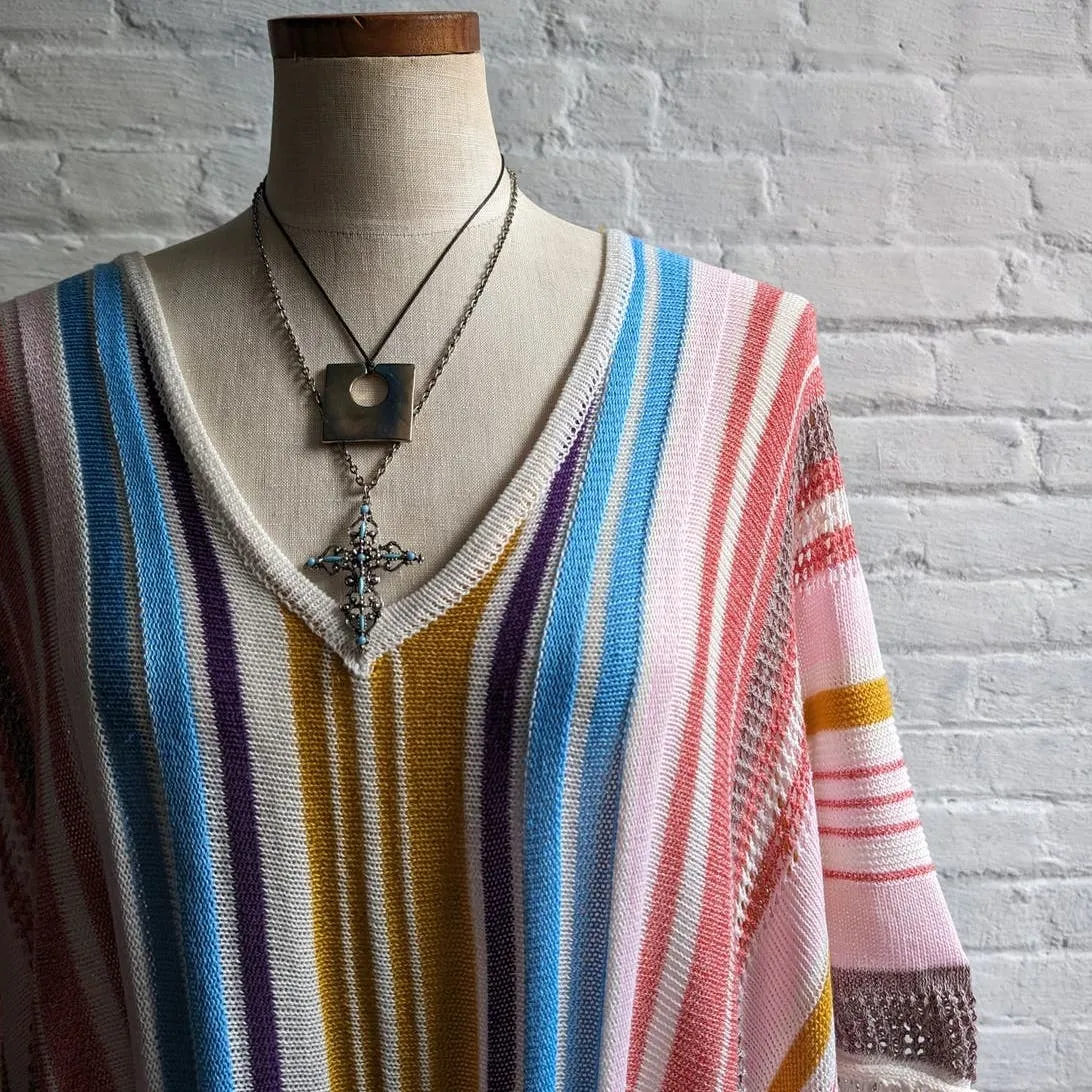 Vintage Knit Rainbow Southwest Blanket Poncho Hippie Fringe Trippy Vest Cape