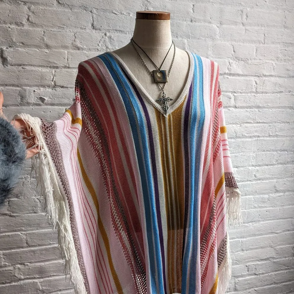 Vintage Knit Rainbow Southwest Blanket Poncho Hippie Fringe Trippy Vest Cape