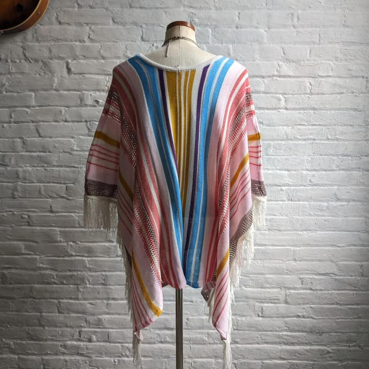 Vintage Knit Rainbow Southwest Blanket Poncho Hippie Fringe Trippy Vest Cape