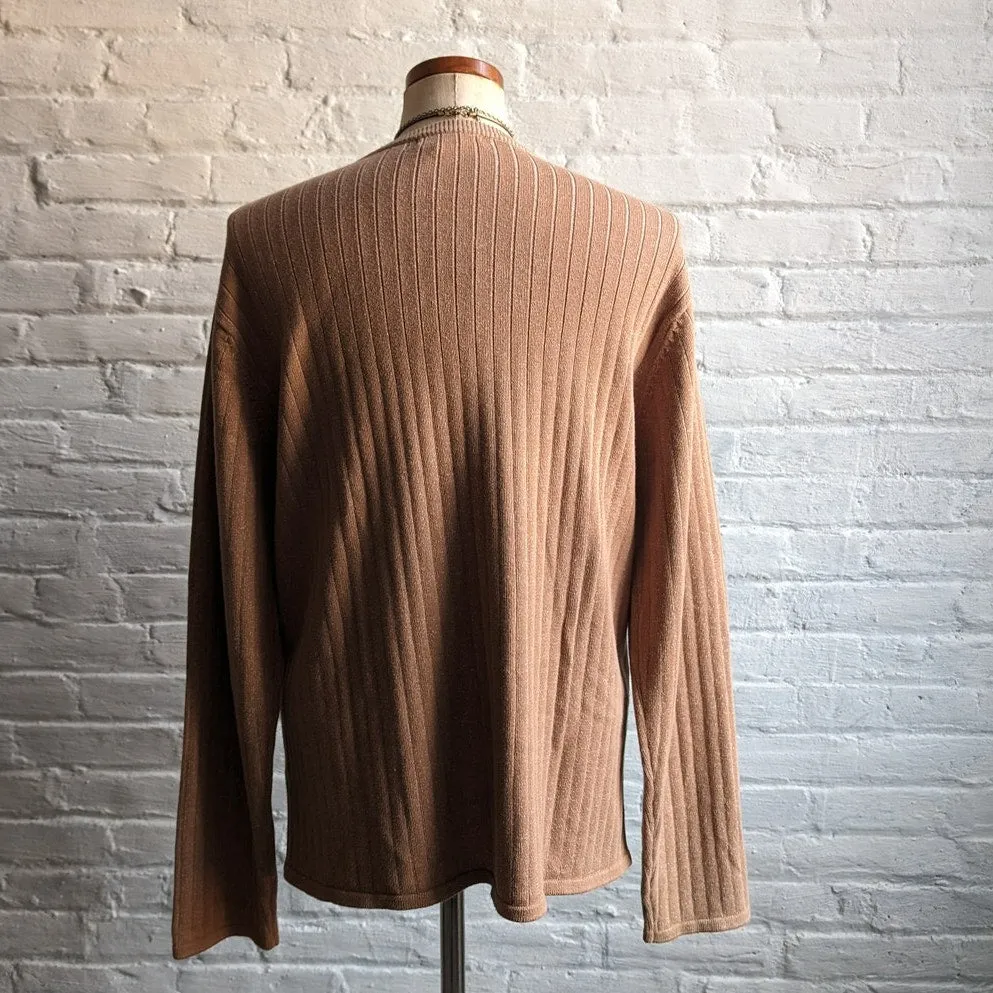 Vintage Neutral Brown Ribbed Knit Sweater Y2K Minimalist Neutral Longline Top