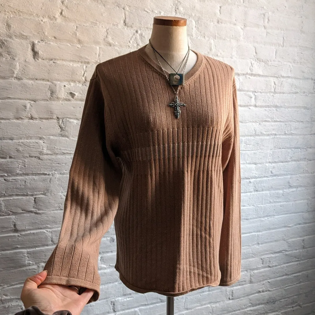 Vintage Neutral Brown Ribbed Knit Sweater Y2K Minimalist Neutral Longline Top