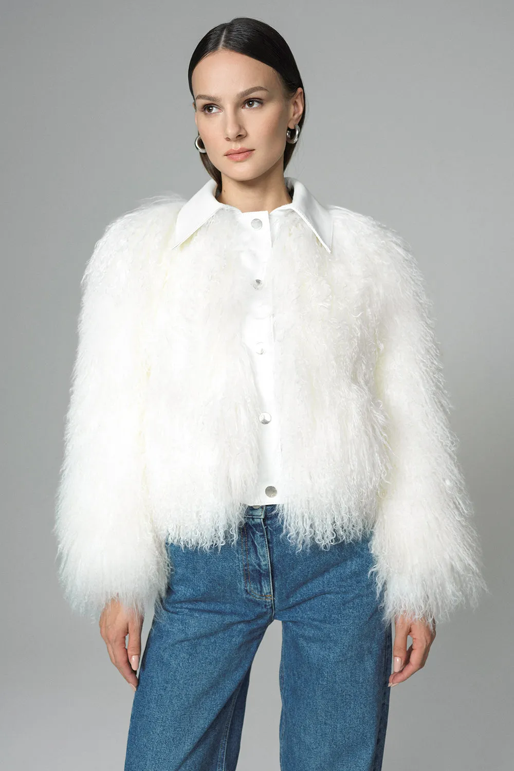 White Natural Mongolian Shearling Jacket