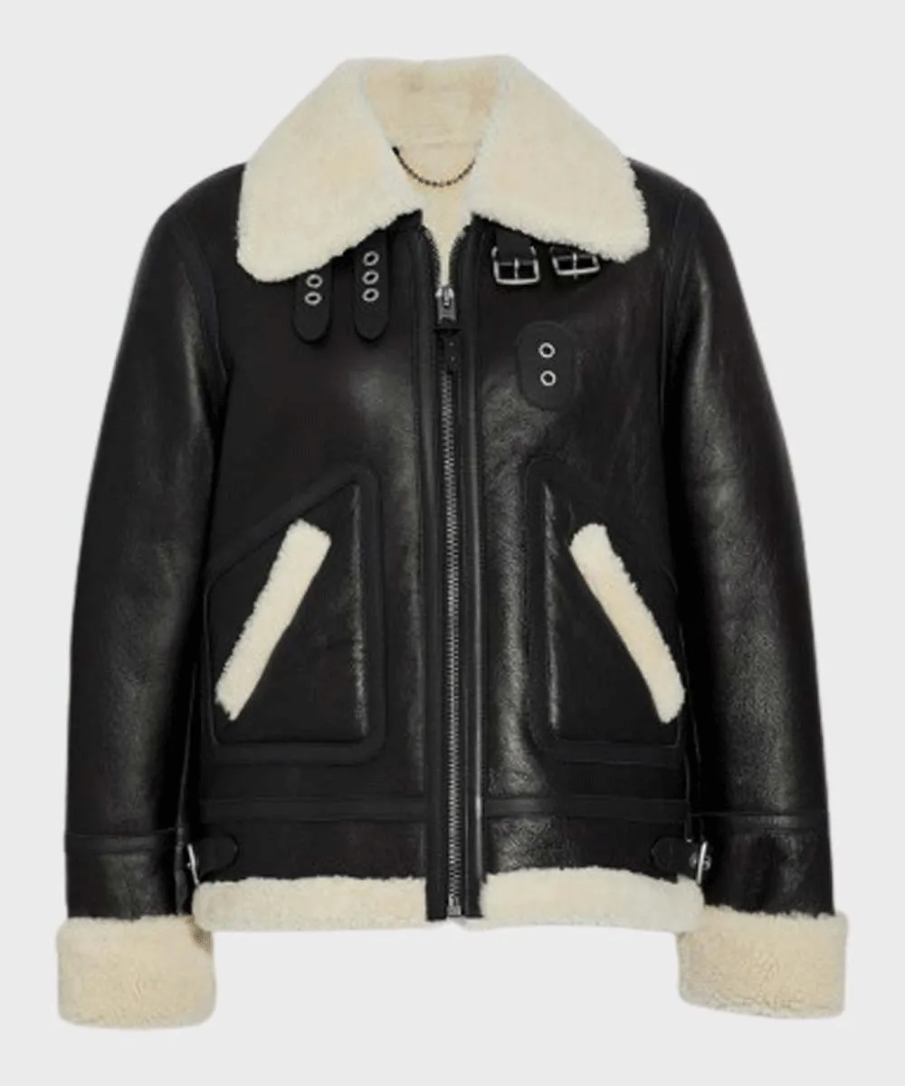 Womens Aviator Ivory Shearling Leather Jacket