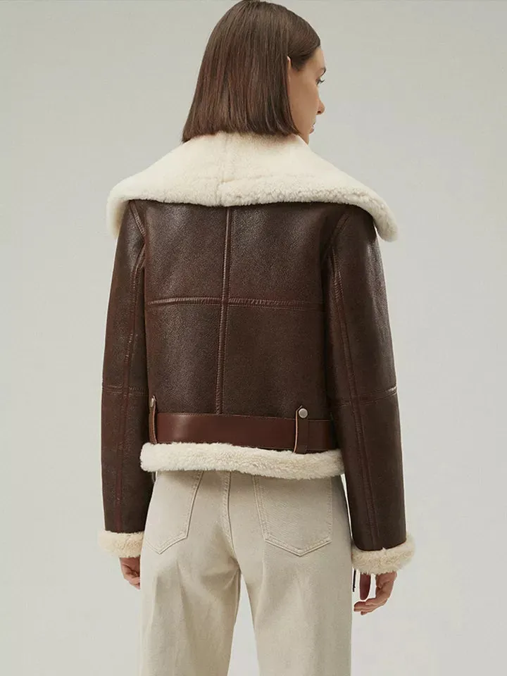 Women’s Dark Brown Leather Shearling Coat Aviator Jacket