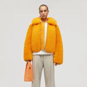 Womens Orange Winter fox Fur Shearling Leather Jacket