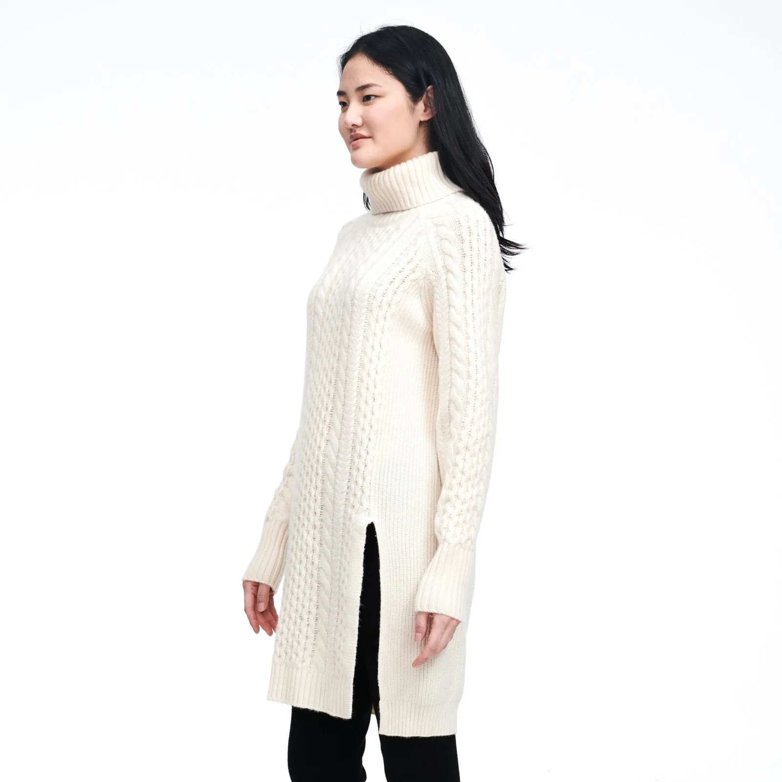 Wool Cashmere Cable Knit Turtleneck Tunic