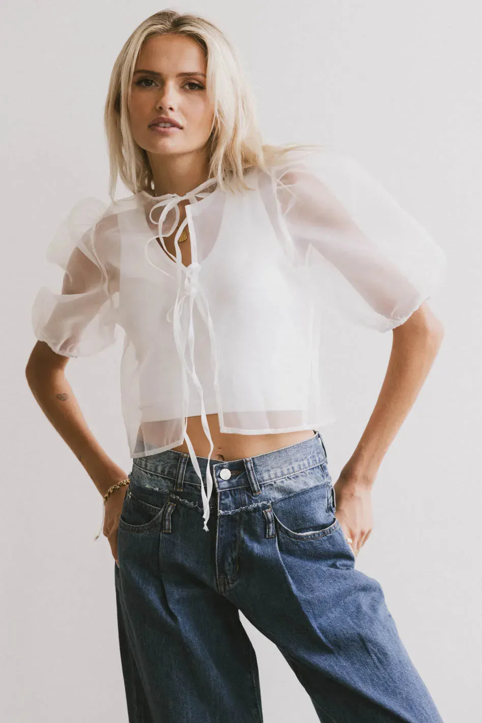 Zuri Sheer Tie Blouse in White